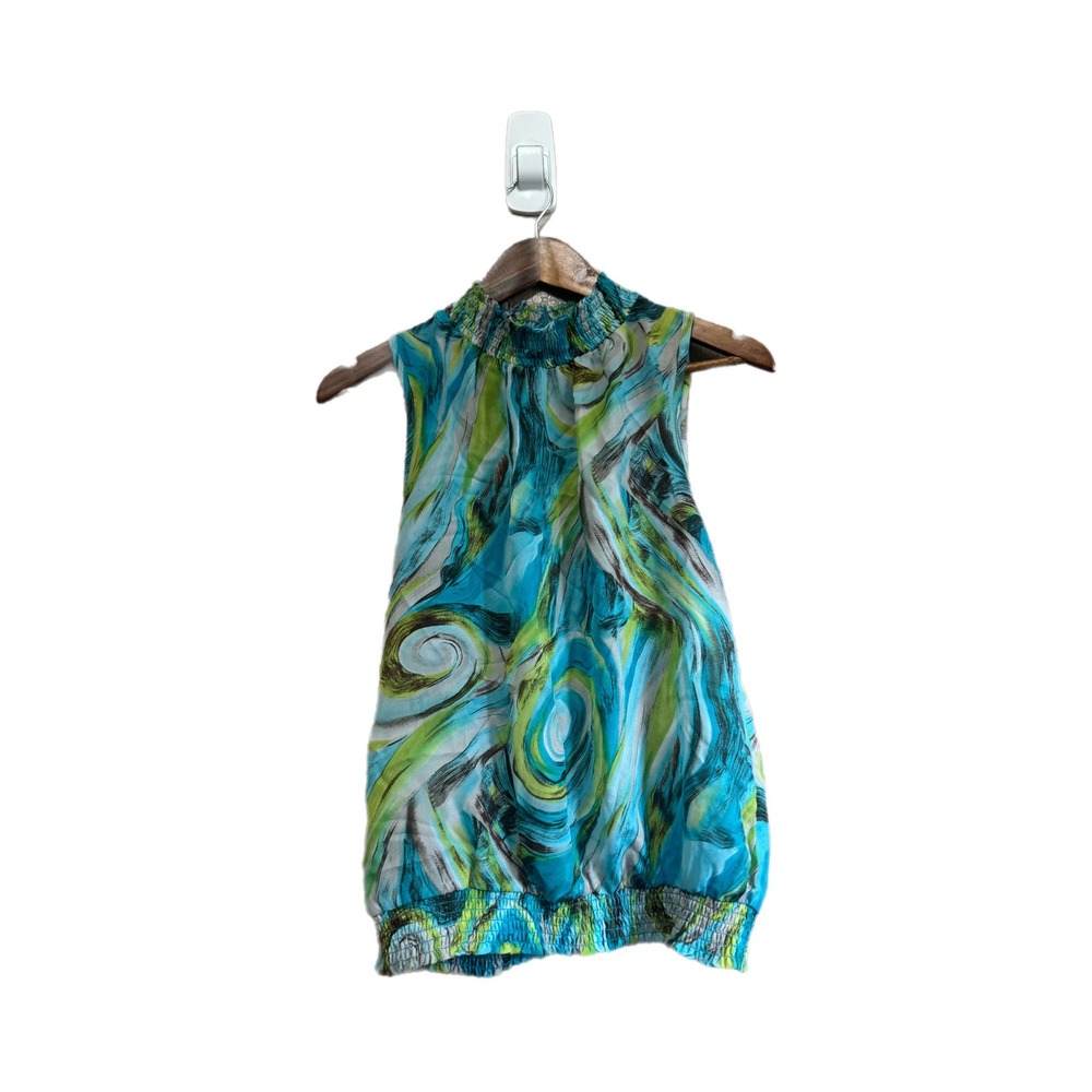 Sere Nade Blouse Women M Blue Green Excellent Swirl Smocked High Neck Sleeveless